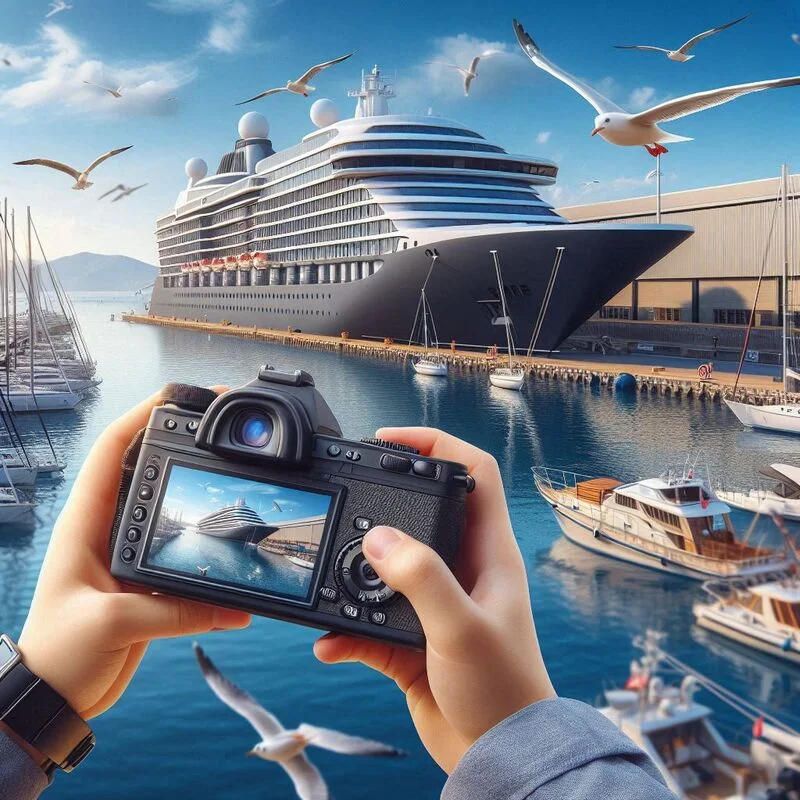 a person taking a photograph of a modern ship with a modern camera.png